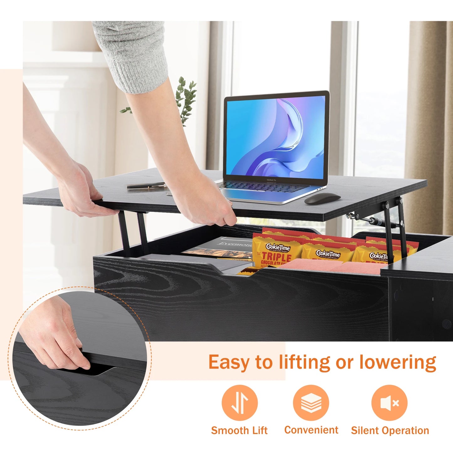 JHK Lift Top Coffee Table Wood Storage Shelf Living Room