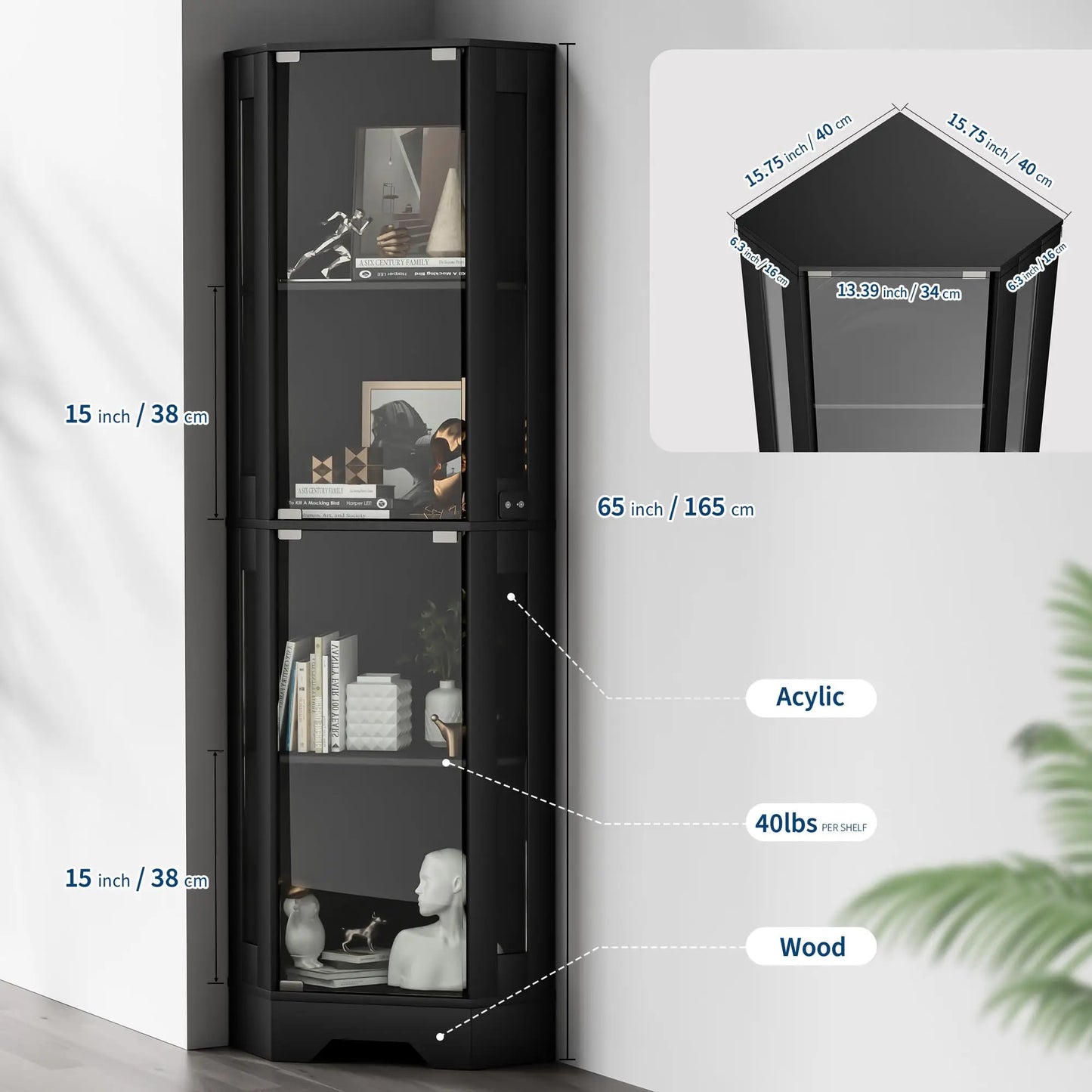 Modern Glass Display Cabinet for Dining Room, Corner Curio Showcase with 4 Tiers, Glass Doors, Lighted Shelves,Elegant Display for Collectibles, Figures, Toys, and Books