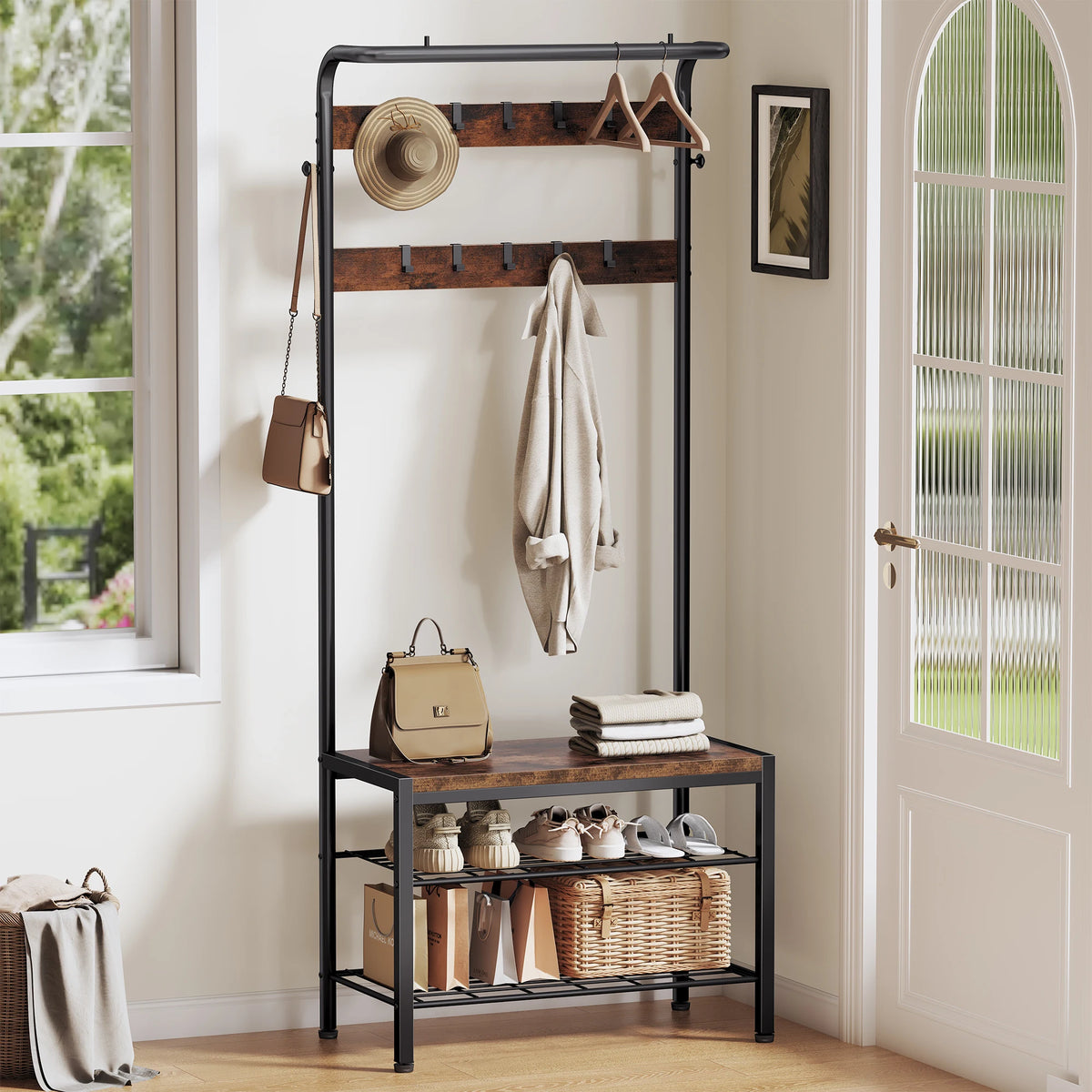 JHK 4in1 Coat Rack With Shoe Bench And Storage Organizer