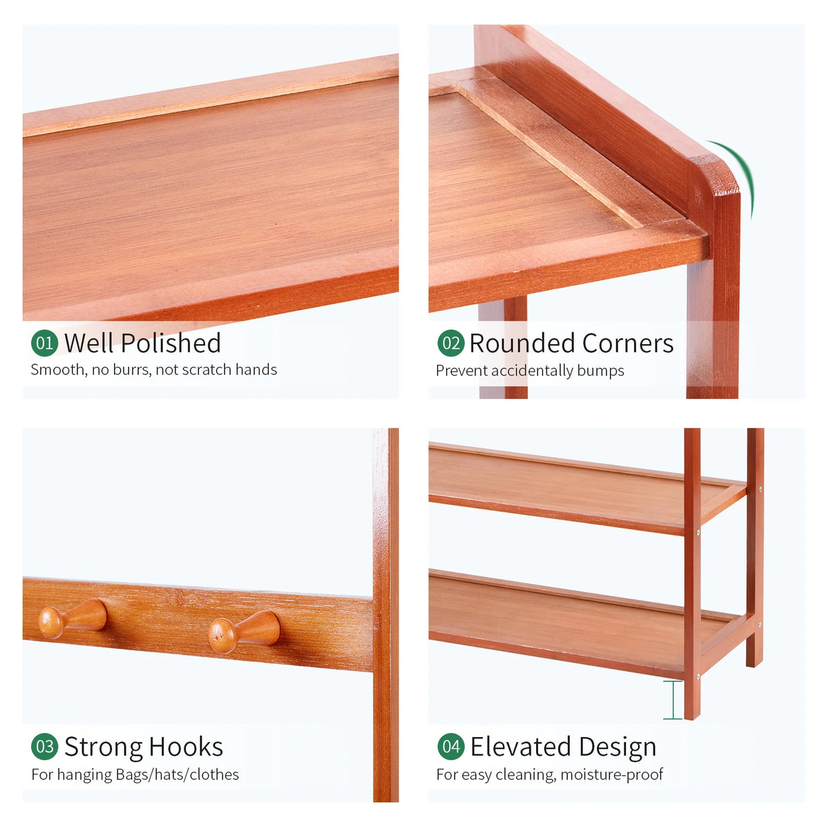 185cm Large Wooden 5 Tiers Hall Tree Hat Coat Stand with 8 Hooks Clothes Shoe Rack Hanger Hooks Shelf Storage  ﻿