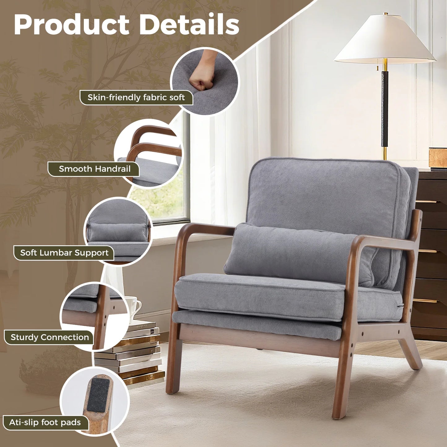 JHK Mid Century Modern Wooden Accent Armchair With Waist Cushion