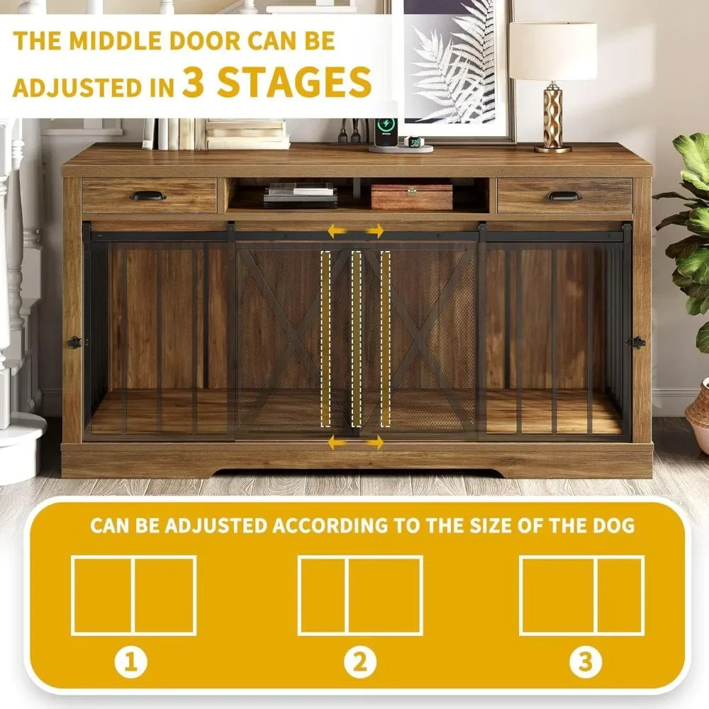63 Inch Double Dog Crate Furniture with Charging Station, Wooden TV Stand Kennel for 2 Dogs, Sliding Barn Door