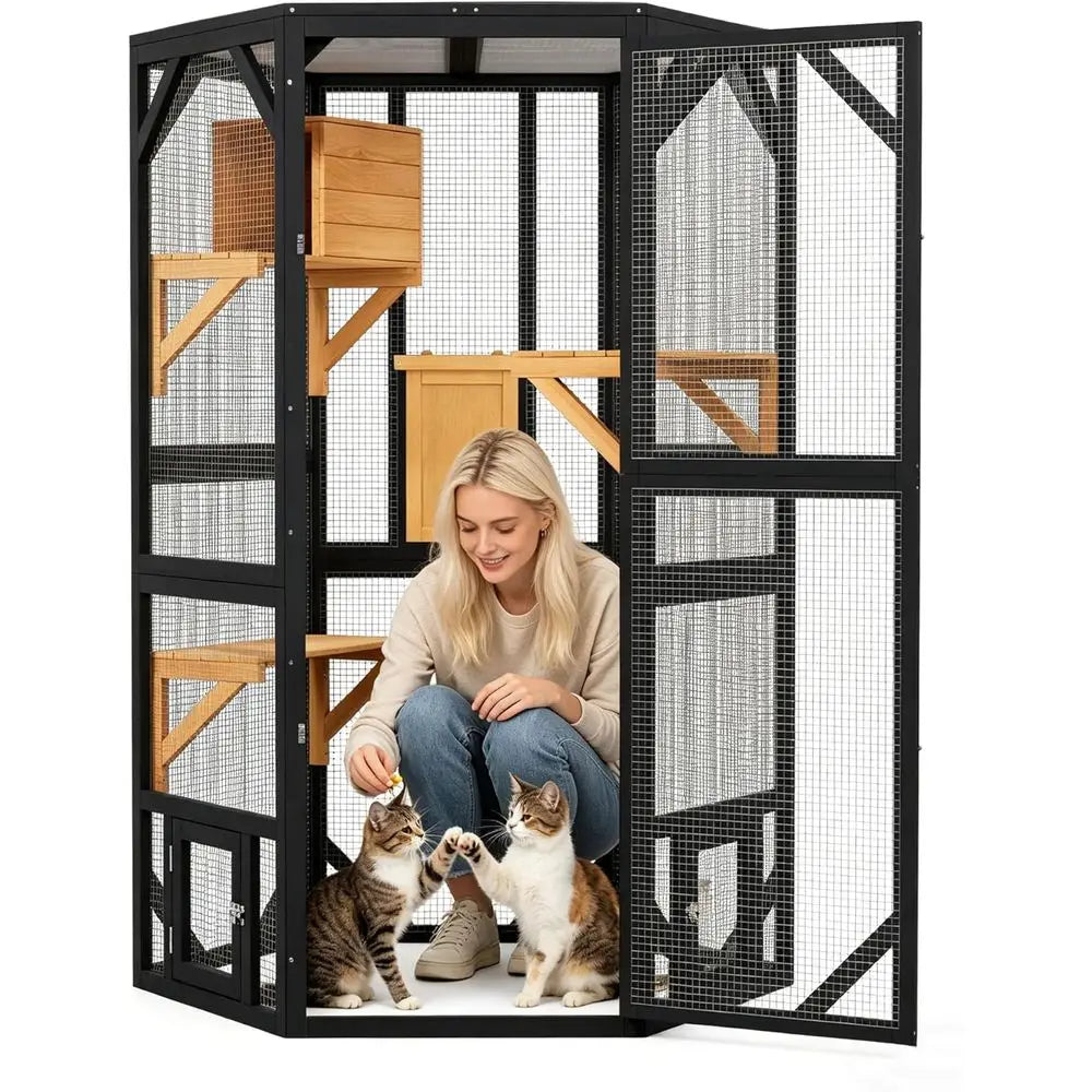 Large Outdoor Cat Catio, Tall Wooden Enclosure with Open-Top, Multi-Level Playpen, Perches & Private Condo, Multiple Access, Ind