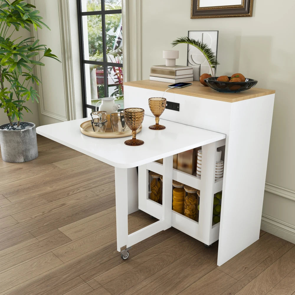 Orraves Extendable Dining Table With Power Socket And Storage Cabinet