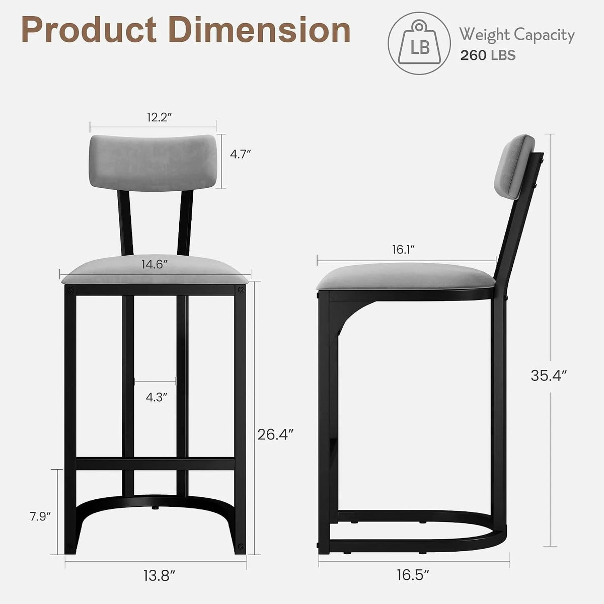 ANIXOL Upholstered Bar Stools with Backrest and Metal Frame