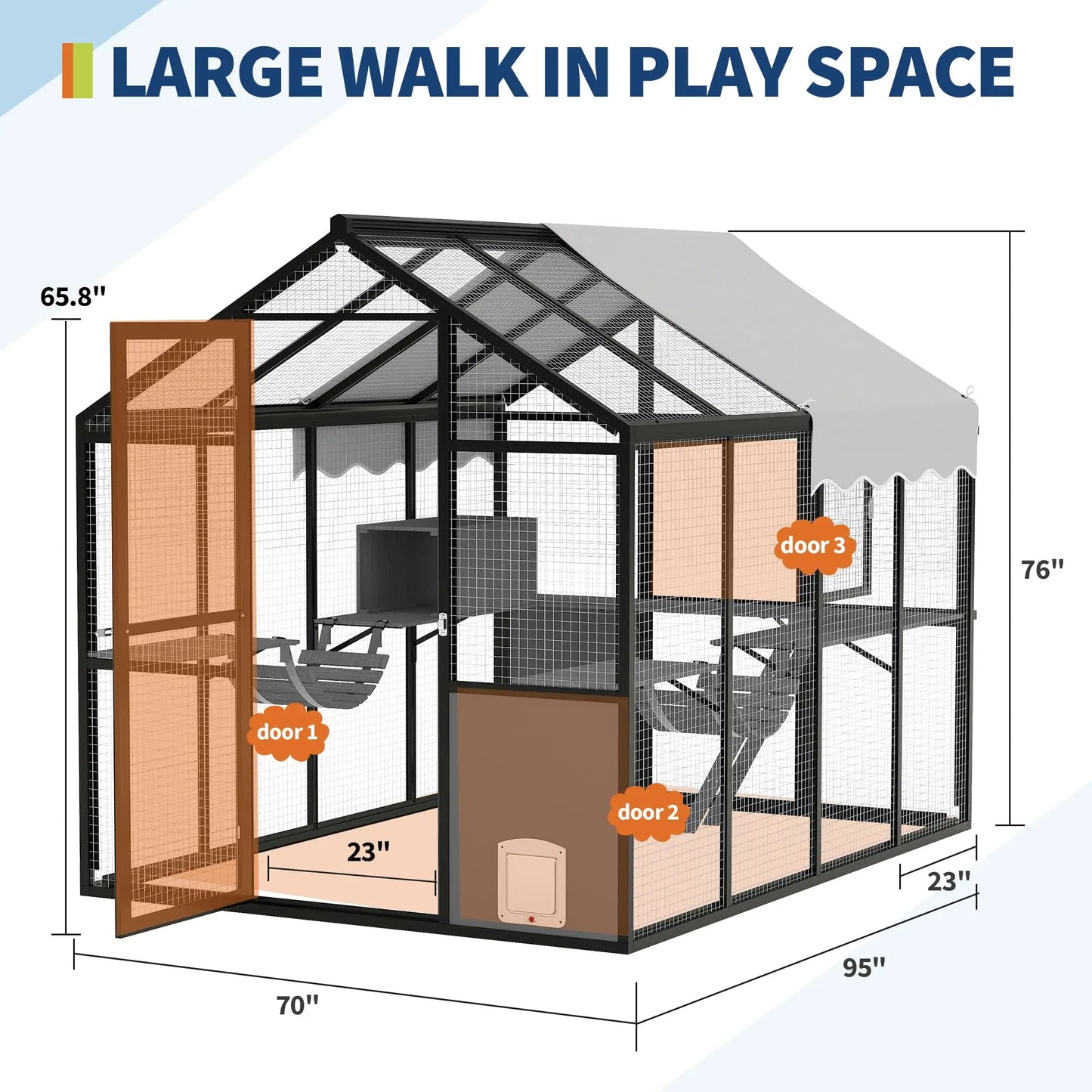 Extra Large Aluminum Outdoor Catio Enclosure For Multiple Cats Walk-in Cat Run With UV-Proof Cover Platforms & Adjustable Doors
