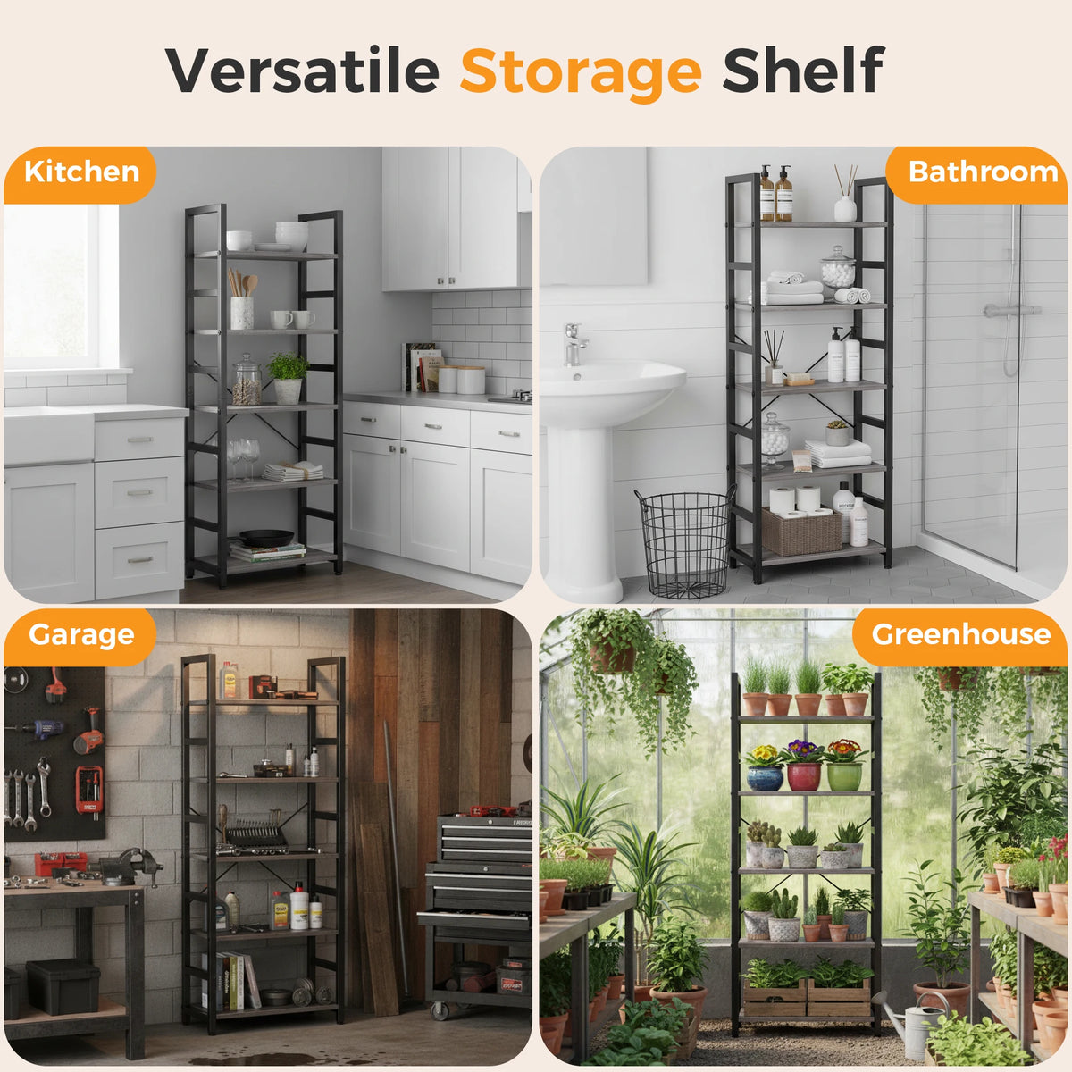 MCQ Wooden Storage Standing 5 Tiers Display Bookshelf Sturdy Structure Graduated Shelves Adjustable Feet for Living Room