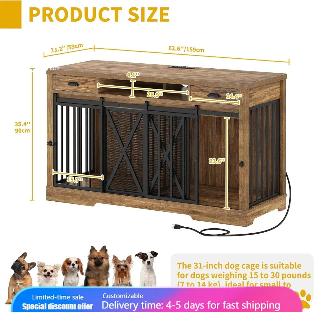 63 Inch Double Dog Crate Furniture with Charging Station, Wooden TV Stand Kennel for 2 Dogs, Sliding Barn Door