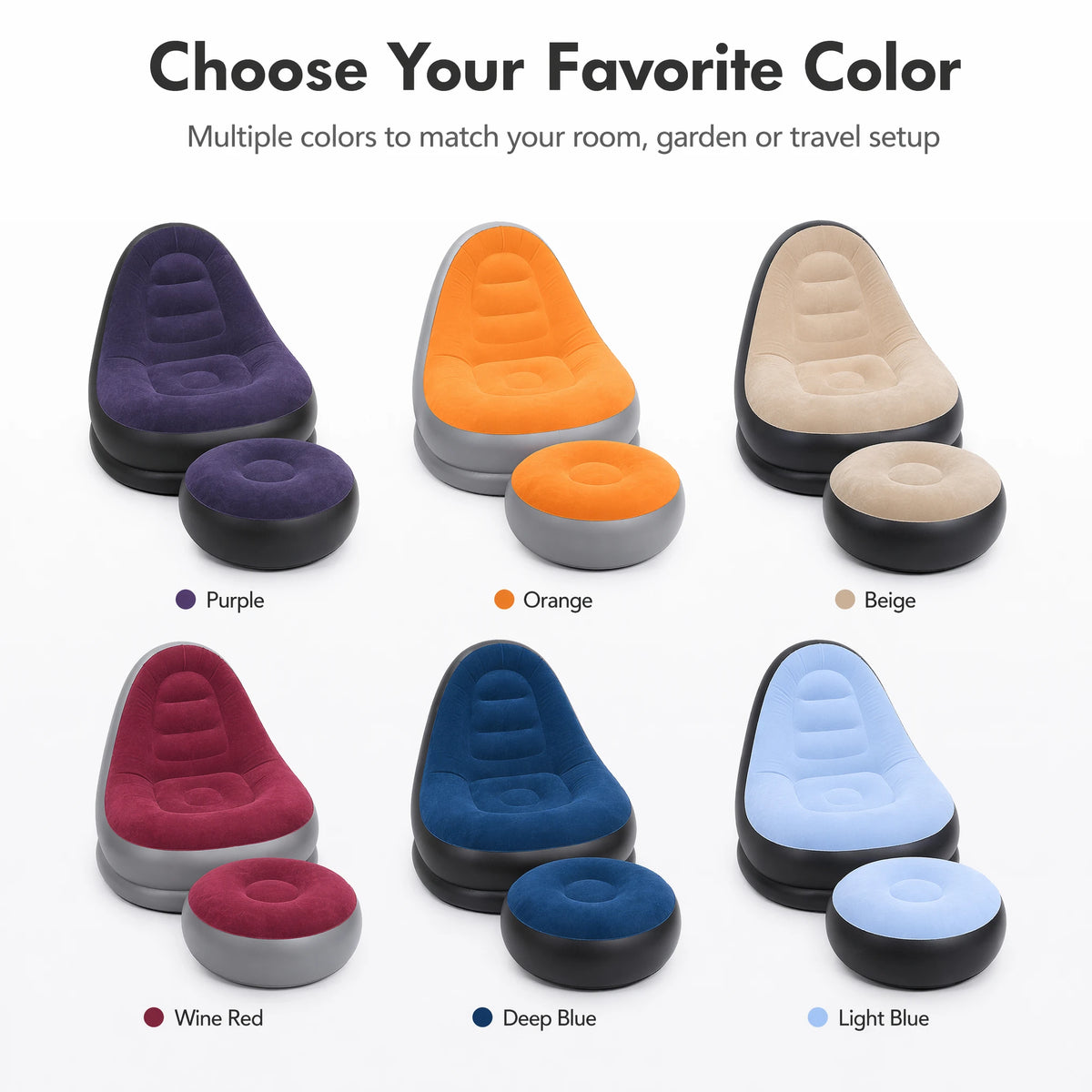 Inflatable Flocking Lazy Sofa Set with Foot Stool Portable Foldable Air Sofa Chair for Indoor Bedroom Outdoor Camping Leisure Furniture