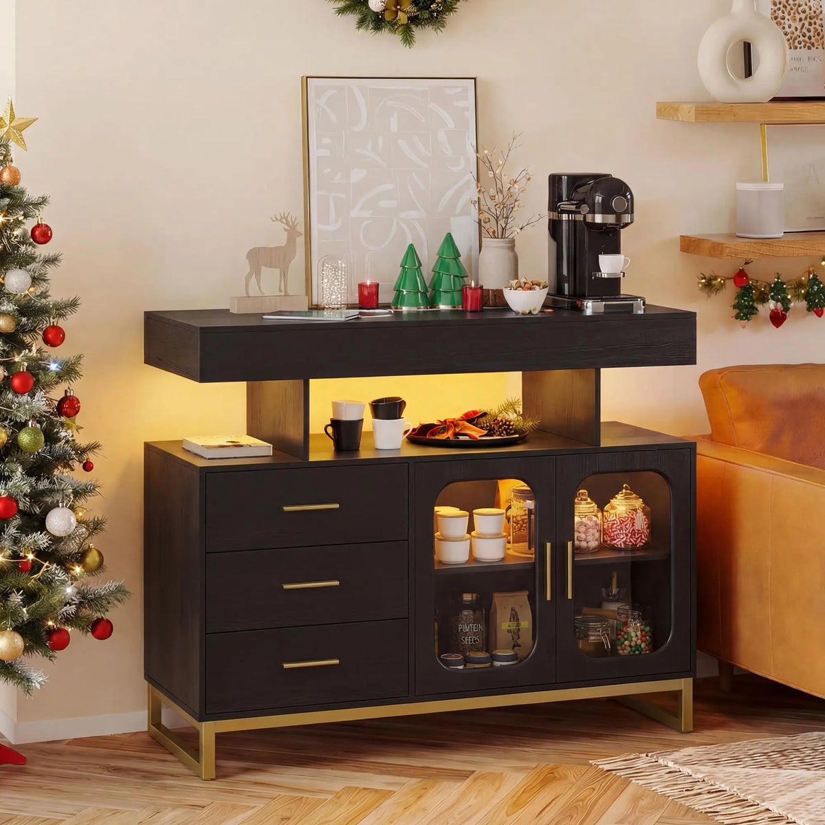 HiMISS LED Sideboard Buffet Cabinet With Charging Station And Storage