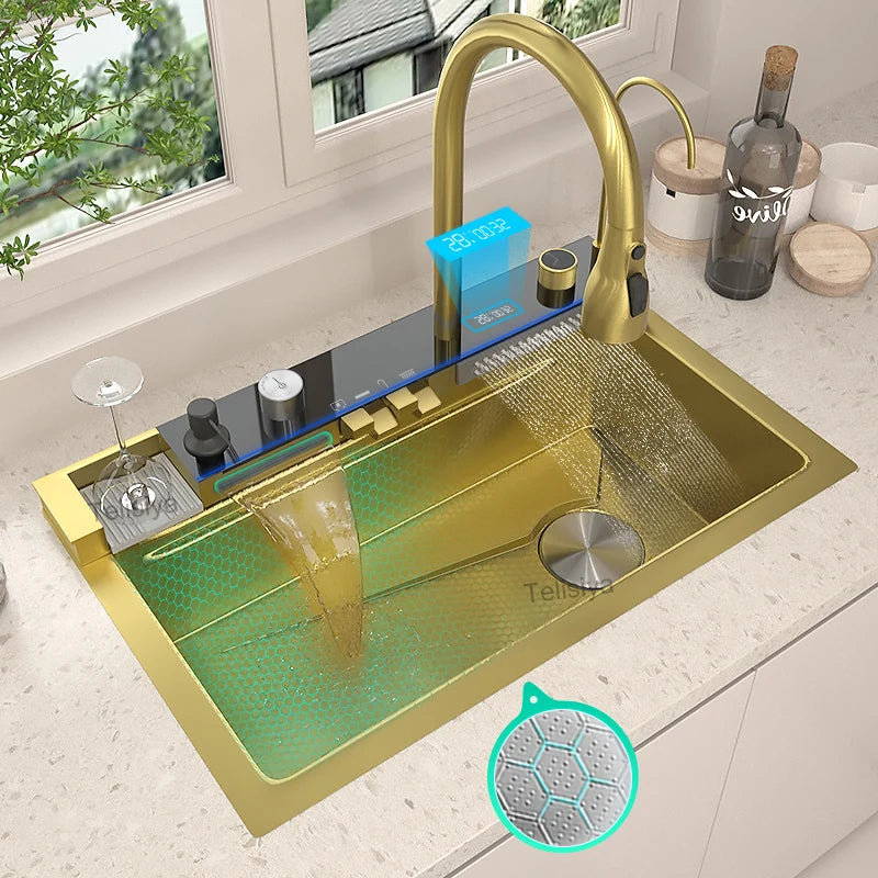 Various Waterfall Kitchen Sink Stainless Steel Multifunctional Large Single Slot Digital Display Sinks
