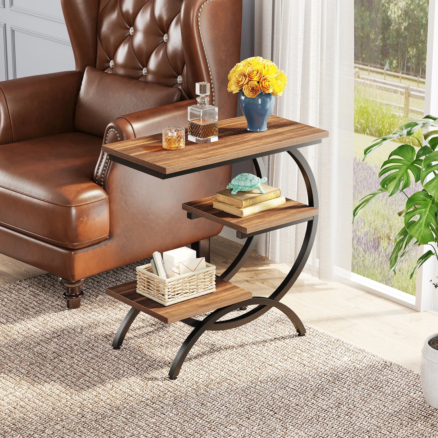 Tribesigns C Shaped End Table 3 Tier Industrial Bedside Storage