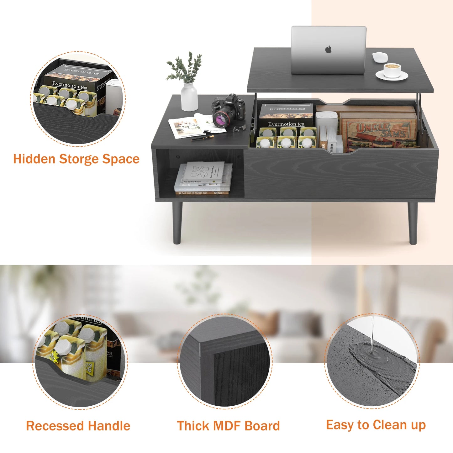 JHK Lift Top Coffee Table Wood Storage Shelf Living Room