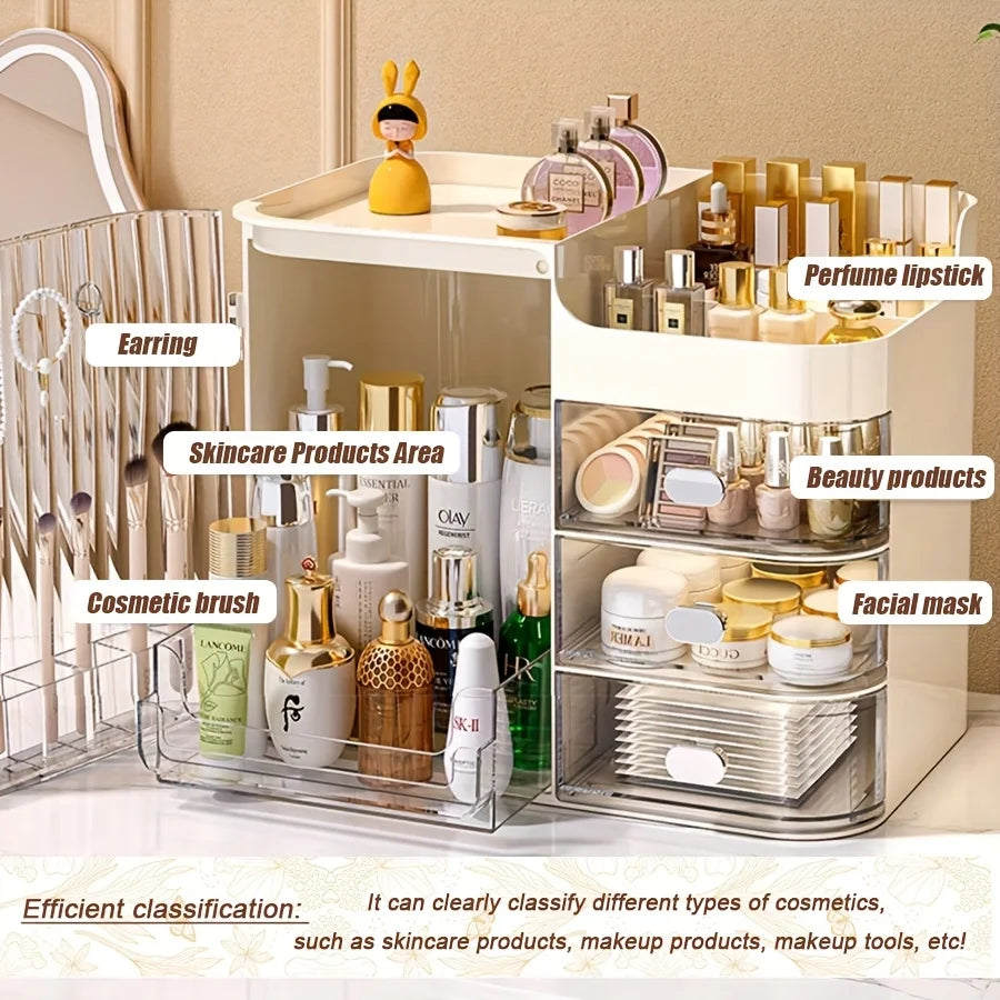 Beige Cosmetic Storage Box with 3 Drawers and Mirror High Capacity Makeup Organizer for Home and Bathroom