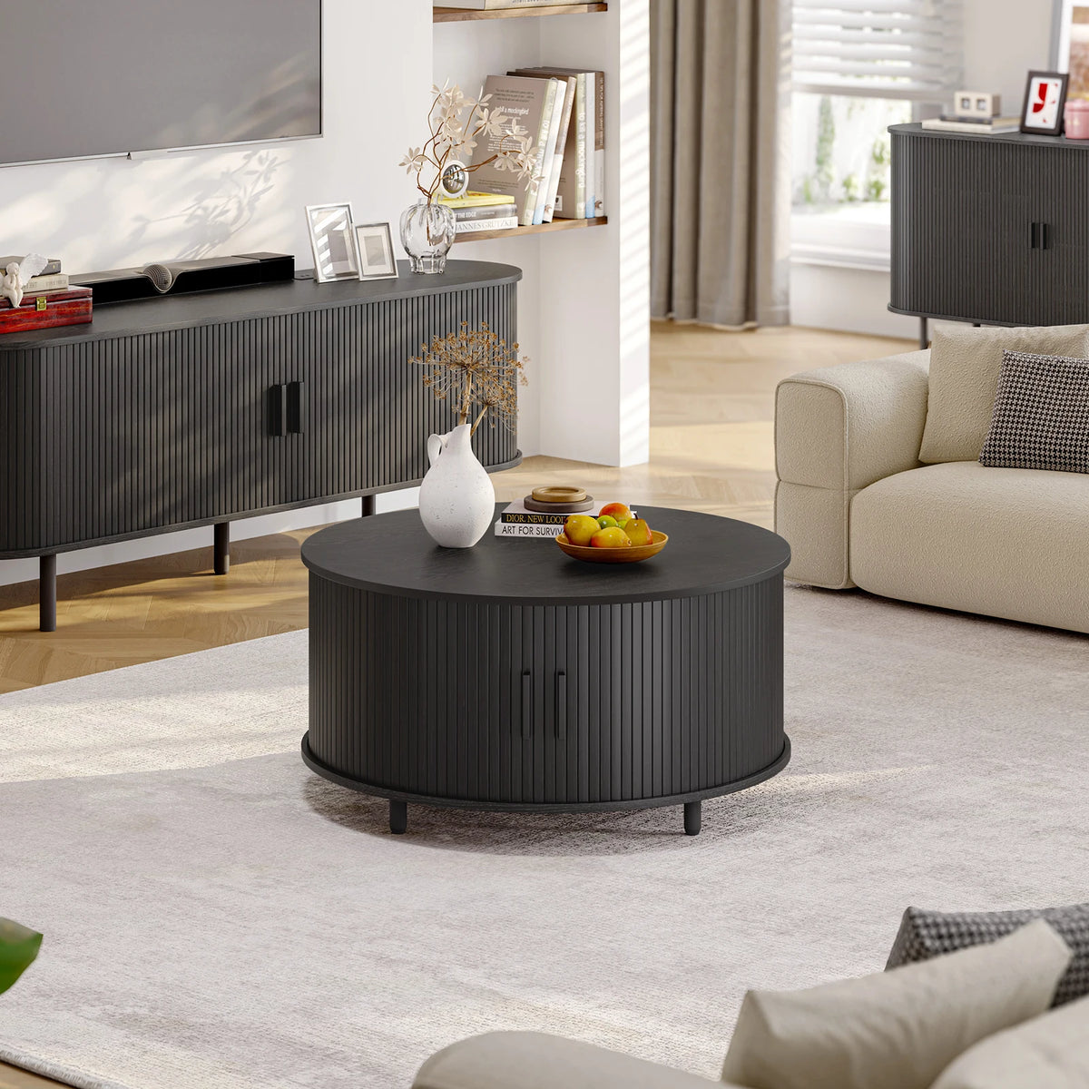Modern Round Wood Coffee Table With Sliding Door Storage Cabinet