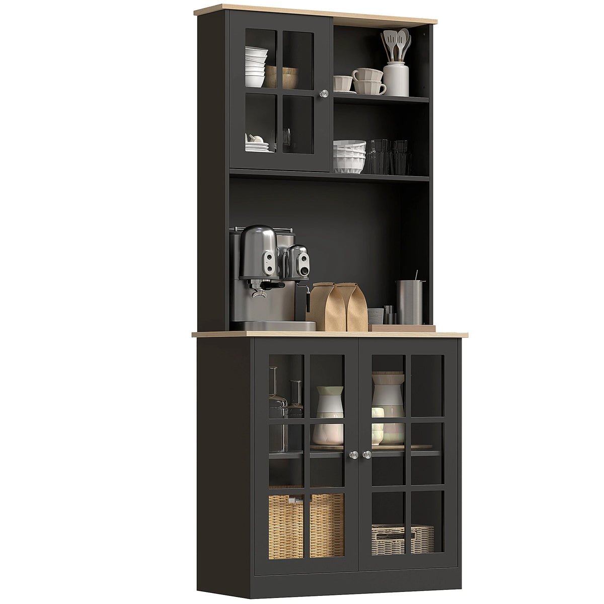 Homcom Kitchen Pantry Storage Cabinet, 72" Freestanding Cabinet with Hutch, Large Countertop, Glass Doors and Adjustable Shelves for Dining Room, Black
