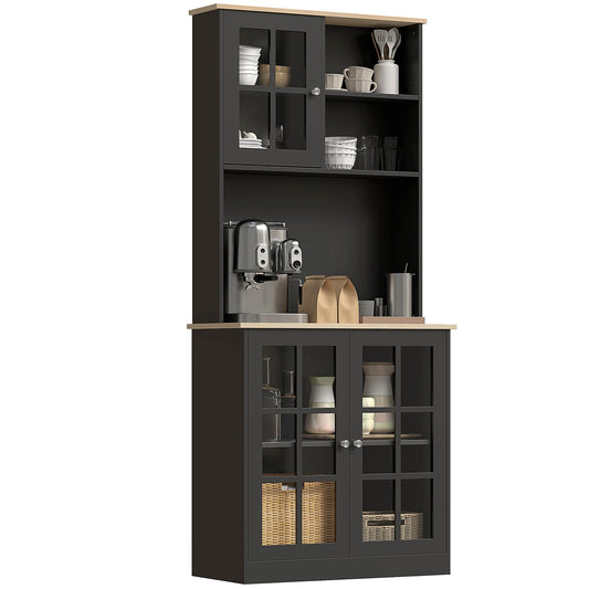 Homcom Kitchen Pantry Storage Cabinet, 72" Freestanding Cabinet with Hutch, Large Countertop, Glass Doors and Adjustable Shelves for Dining Room, Black