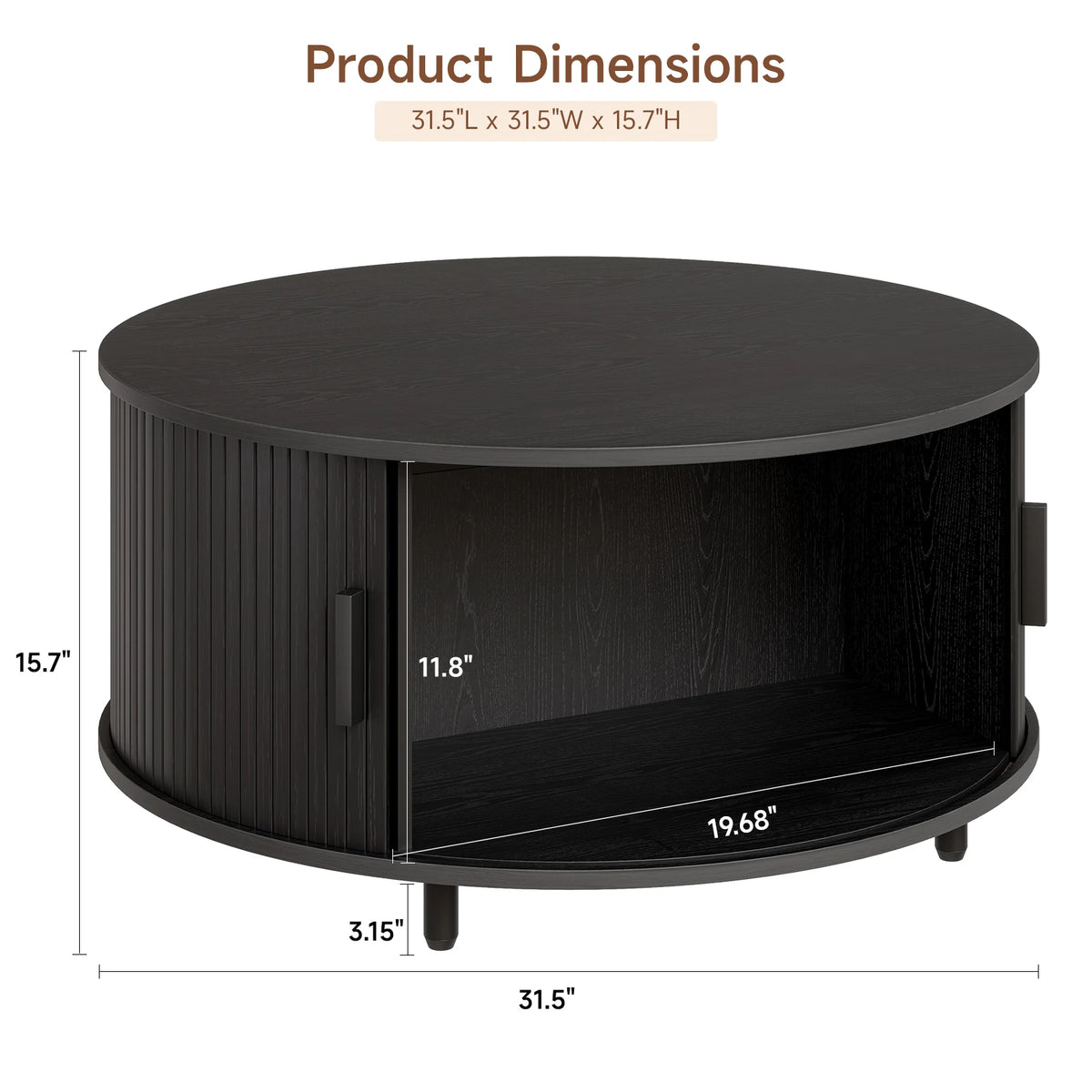 Modern Round Wood Coffee Table With Sliding Door Storage Cabinet