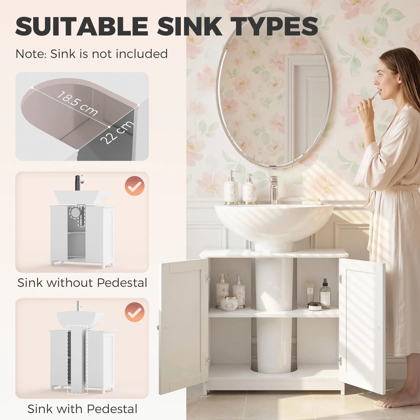Kleankin 23.5" Pedestal Sink Storage Cabinet, Freestanding Bathroom under Sink Cabinet with U-Shape Cut-Out and Adjustable Shelf, White