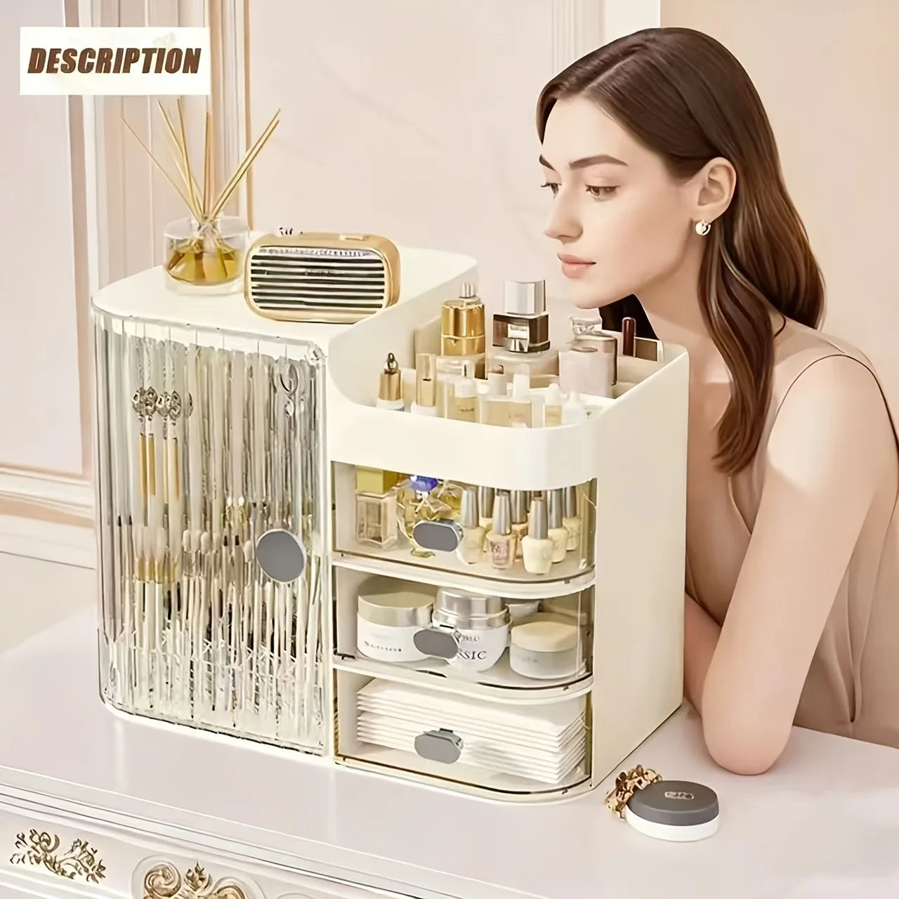 Beige Cosmetic Storage Box with 3 Drawers and Mirror High Capacity Makeup Organizer for Home and Bathroom