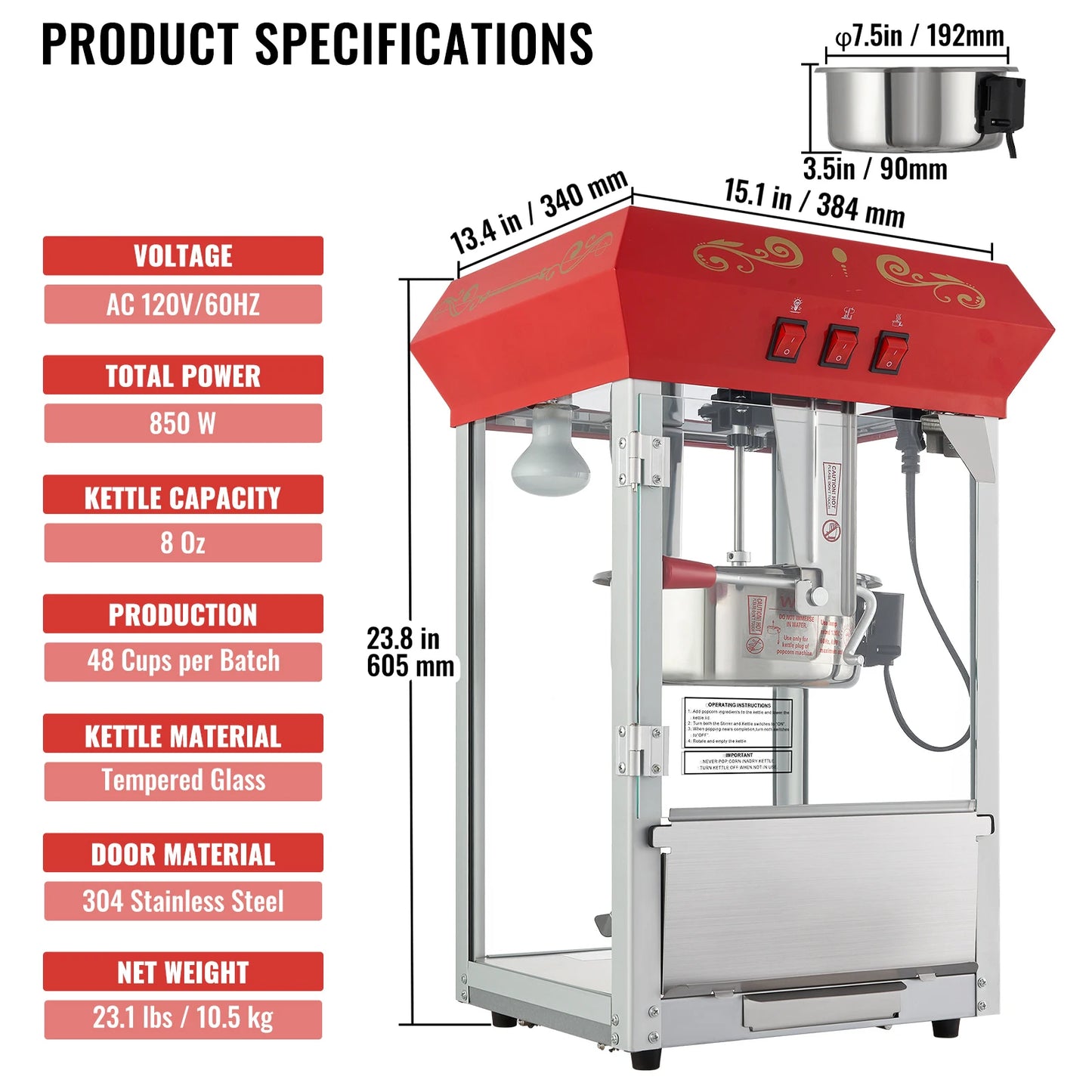 SucceBuy Popcorn Maker Popcorn Popper Machine 8 Oz 12 Oz Kettle Makes 48 or 80 Cups per Batch Countertop Popcorn Maker