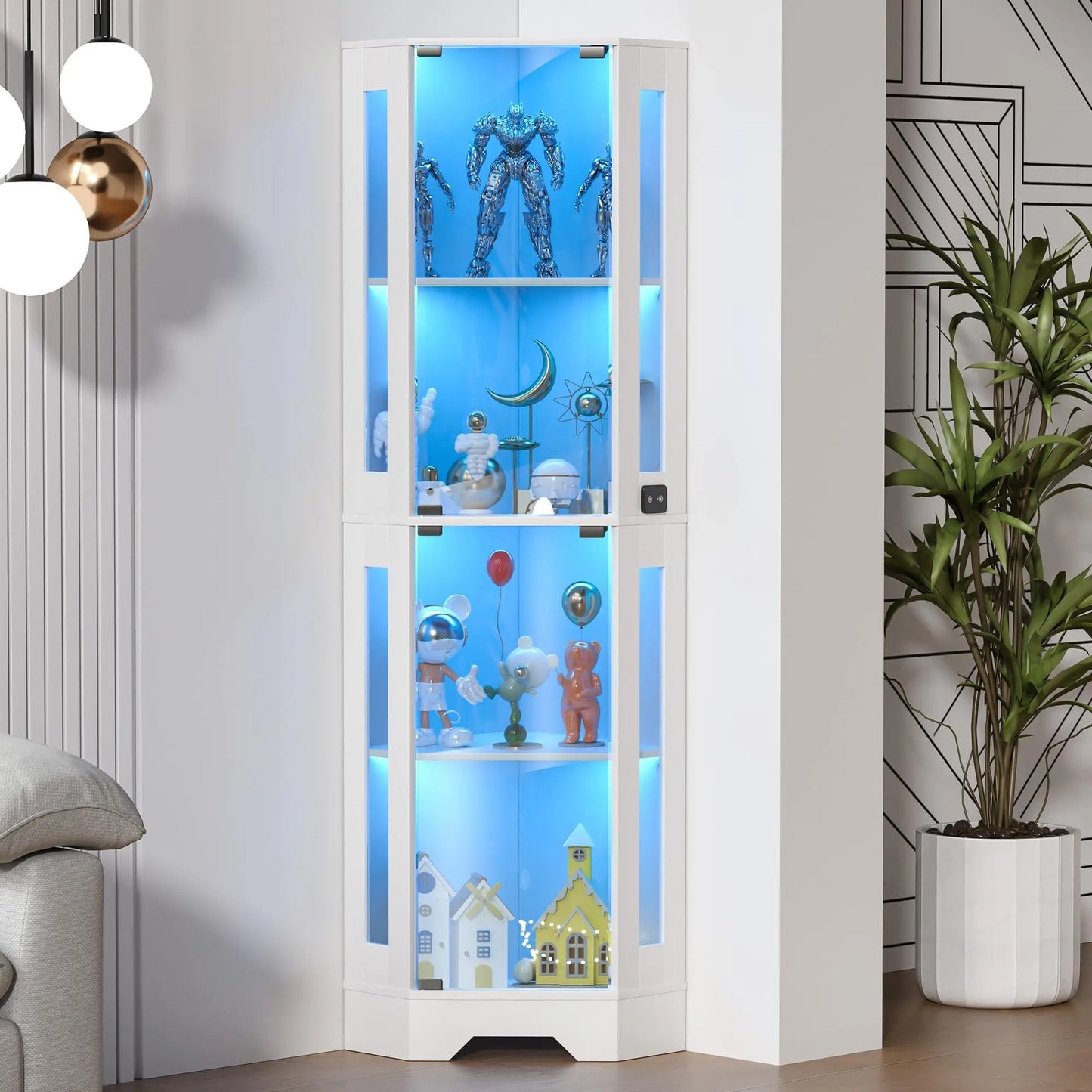 Modern Glass Display Cabinet for Dining Room, Corner Curio Showcase with 4 Tiers, Glass Doors, Lighted Shelves,Elegant Display for Collectibles, Figures, Toys, and Books