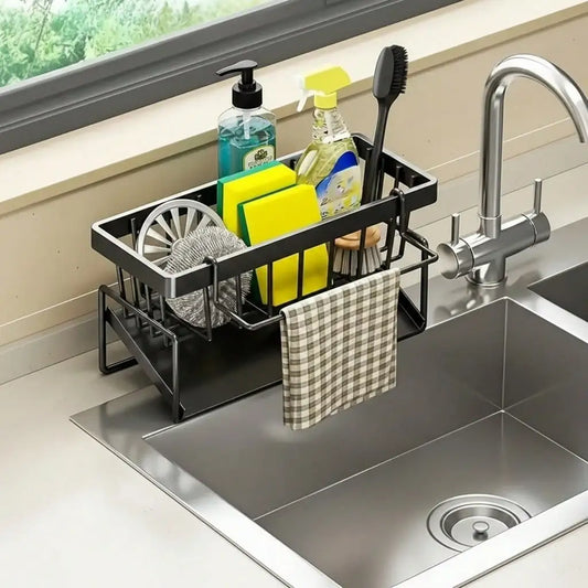 Steel Draining Rack For Sponges/Utensils/Soap, Sloped To Avoid Pooling, With Towel Bar To Prevent Mold. Ideal For Kitchen.