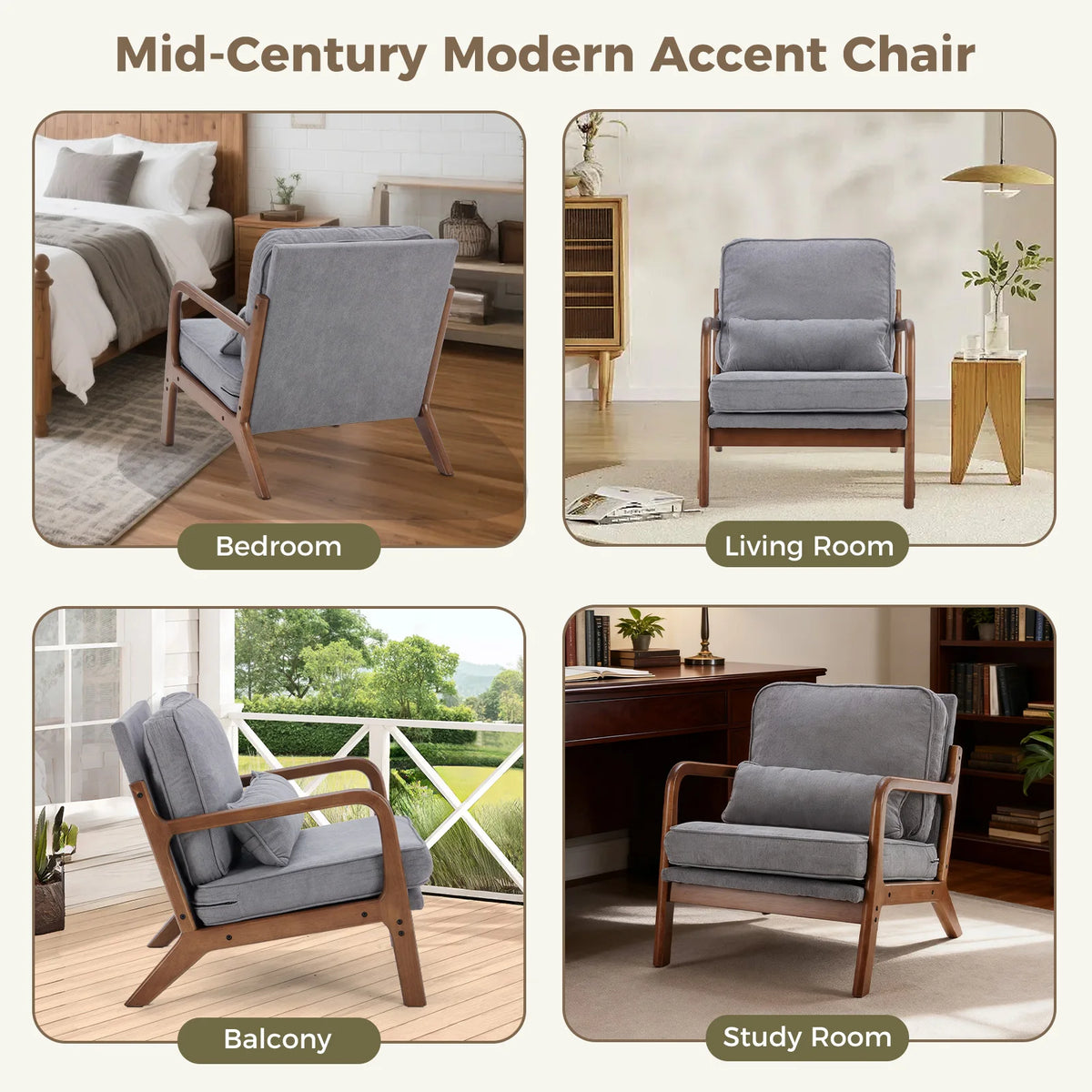 JHK Mid Century Modern Wooden Accent Armchair With Waist Cushion