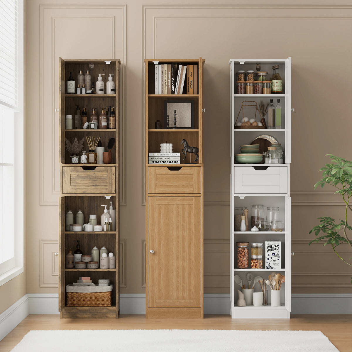 Space-Saving Slim Bathroom Storage Cabinet – Vertical Organizer Rack, Robust Particle Board, Appropriate for Basin Area, Compact Solution, Rustic Style