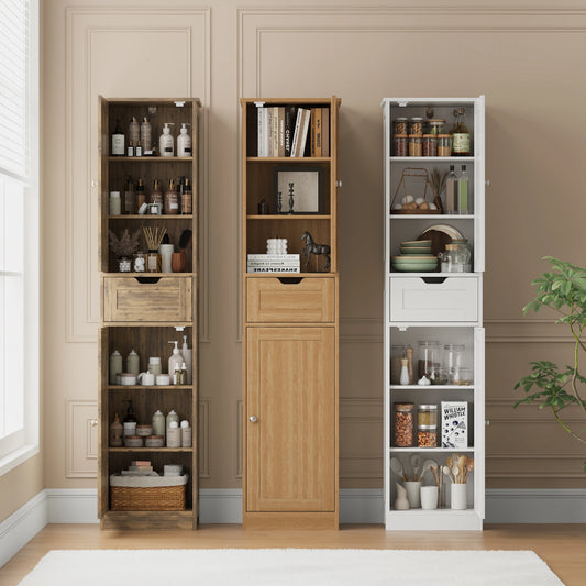 Space-Saving Slim Bathroom Storage Cabinet – Vertical Organizer Rack, Robust Particle Board, Appropriate for Basin Area, Compact Solution, Rustic Style