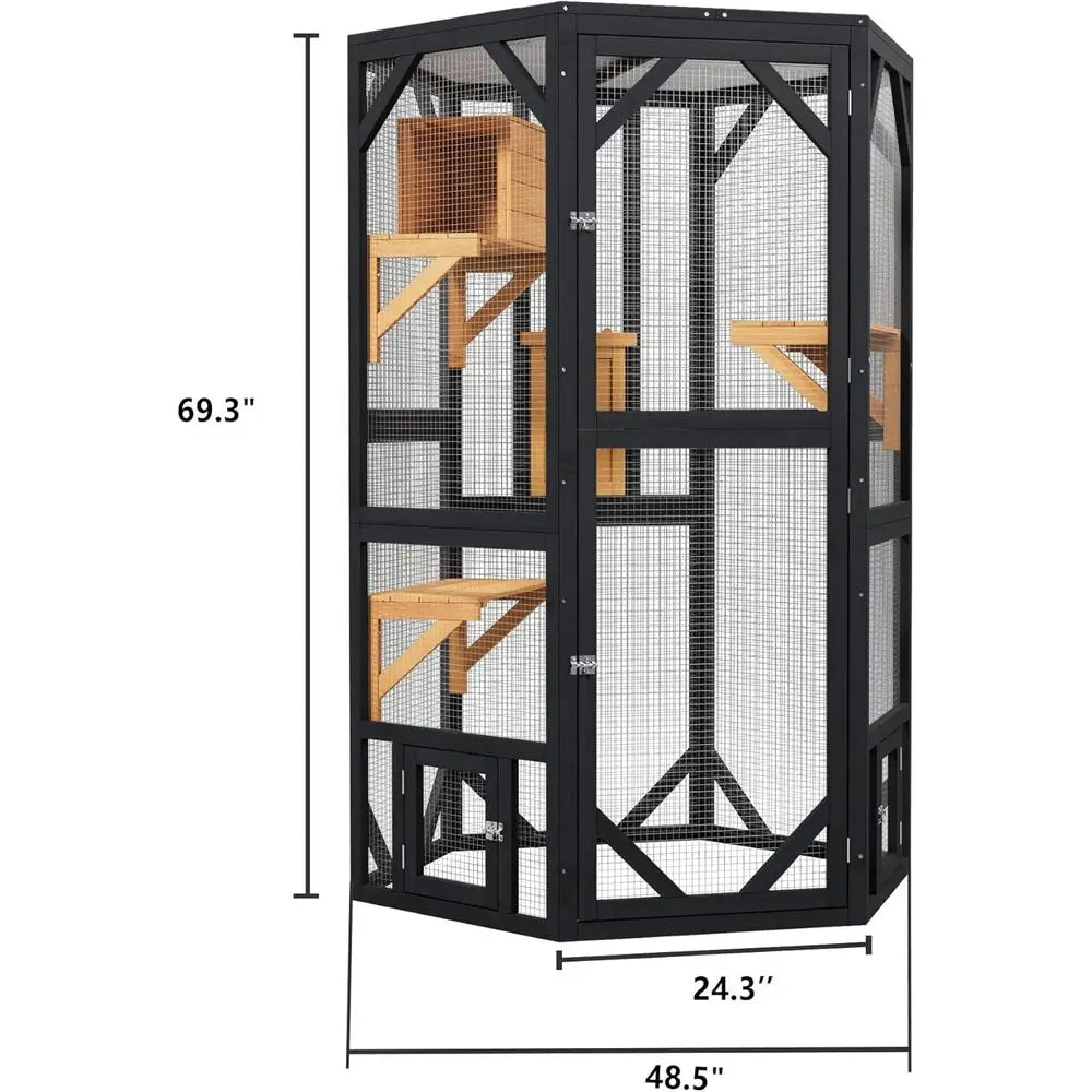 Large Outdoor Cat Catio, Tall Wooden Enclosure with Open-Top, Multi-Level Playpen, Perches & Private Condo, Multiple Access, Ind