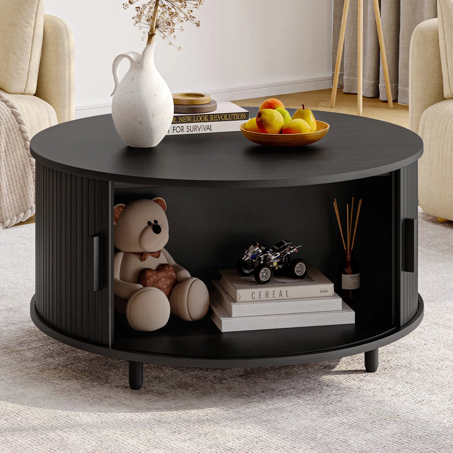 Modern Round Wood Coffee Table With Sliding Door Storage Cabinet
