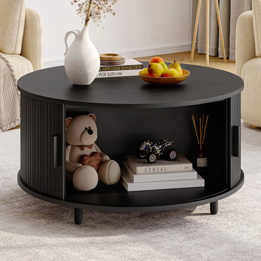 Round Coffee Table with Storage, 31.5 In Drum Coffee Table with 360° Curved Sliding Door, ModernFluted Wood Accent Coffee Tablee