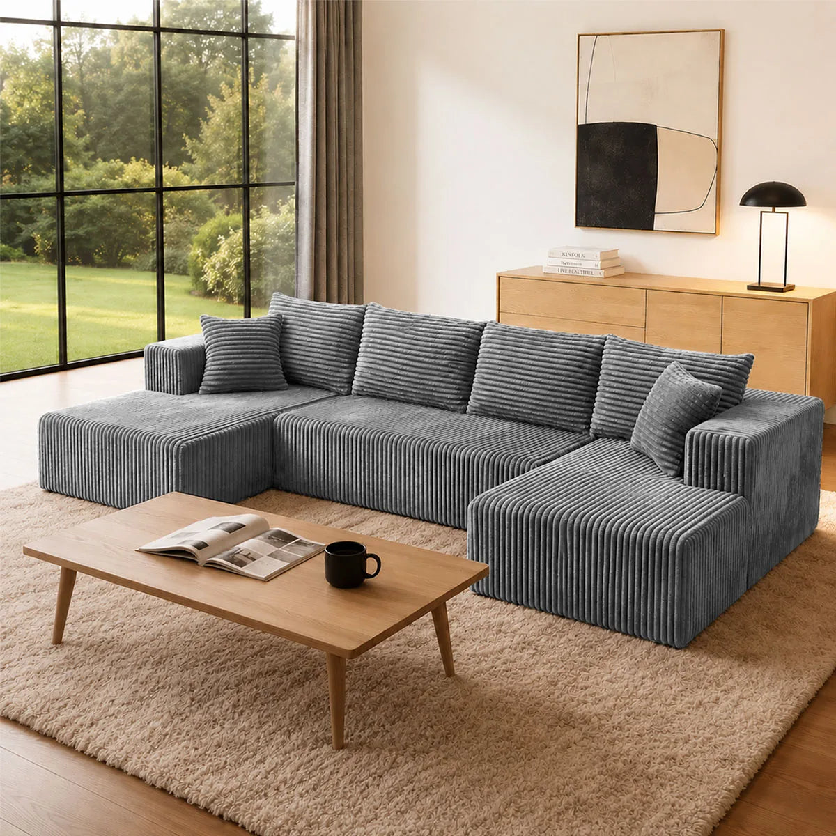 132in Modular U-Shaped Sectional Sofa with Double Chaise Lounges, 8-Piece Corduroy Oversized Pit Couch, Seats 6 People, Large U Style Floor Sofa for Living Room Family Gathering