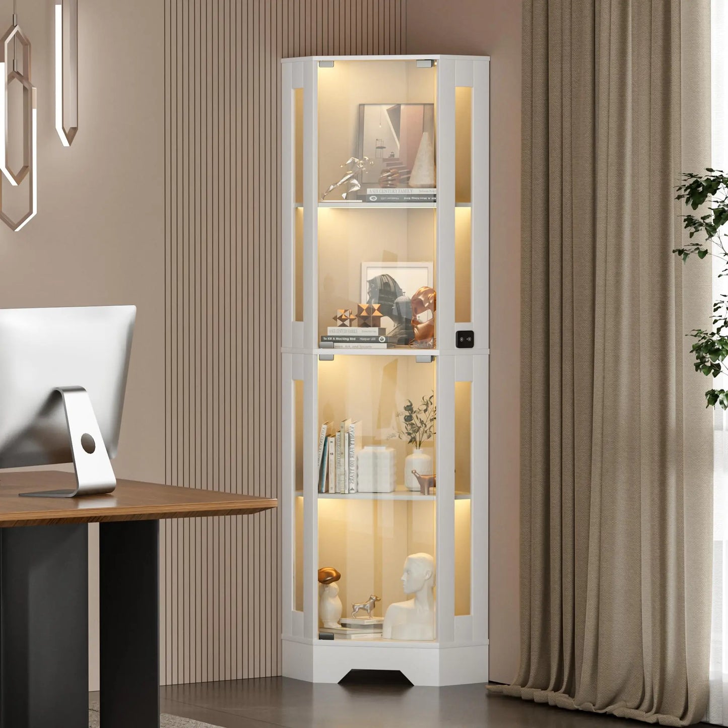 Modern Glass Display Cabinet for Dining Room, Corner Curio Showcase with 4 Tiers, Glass Doors, Lighted Shelves,Elegant Display for Collectibles, Figures, Toys, and Books