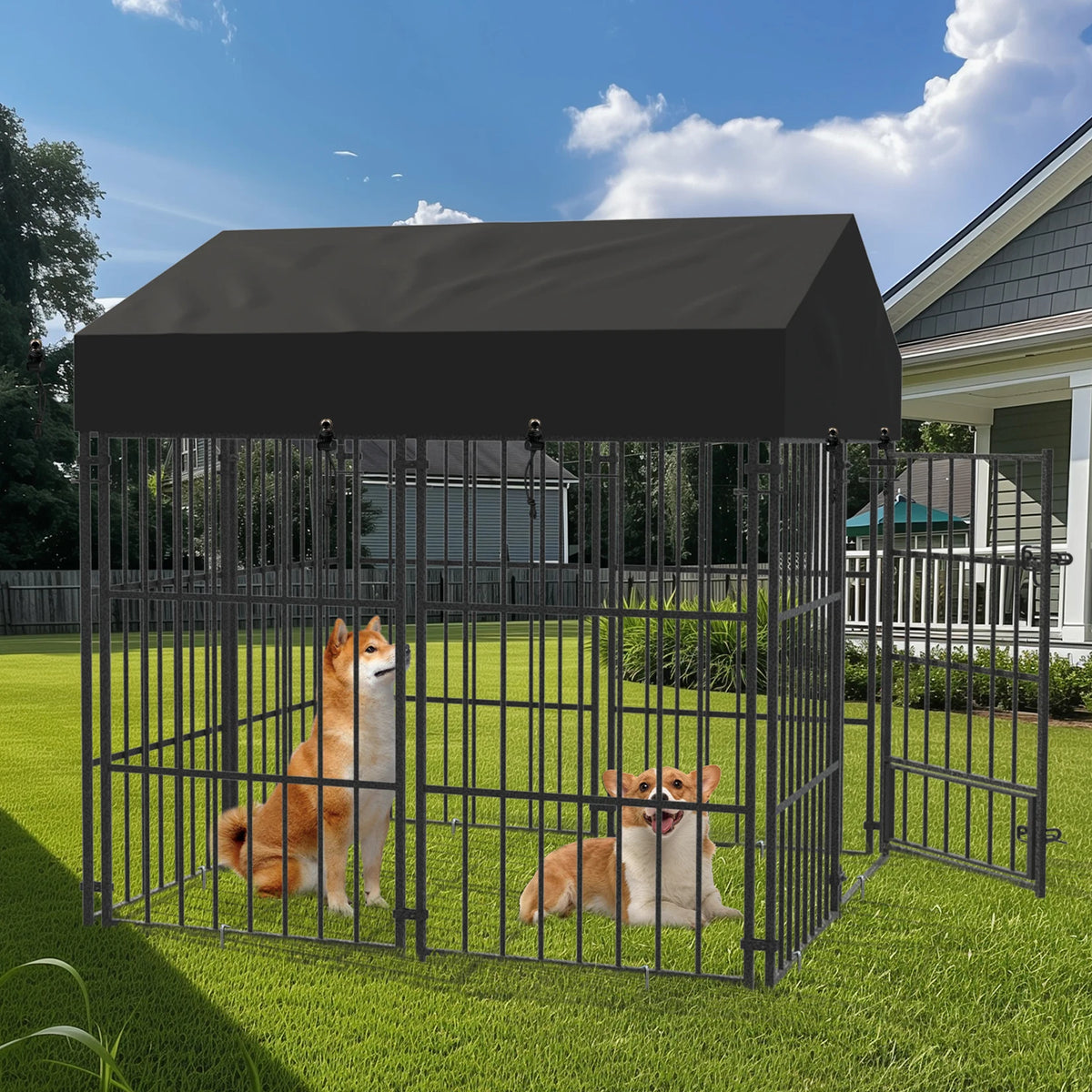 BORWART Heavy Duty Metal Dog Kennel With Roof Covered Run