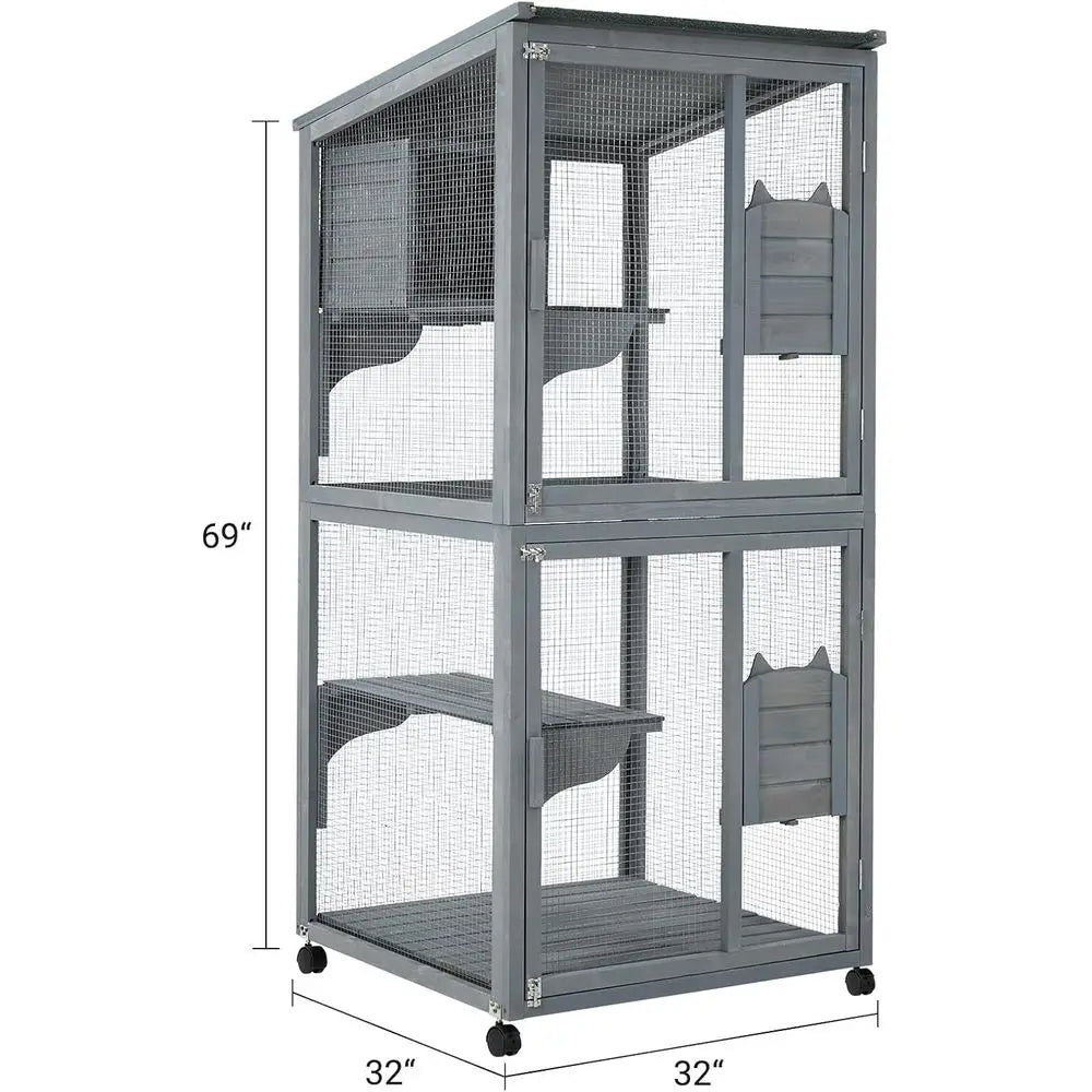 69 Large Waterproof Outdoor Indoor Catio Enclosure with Lockable Wheels, Resting Cabin, Platforms for Multi-Cat Families
