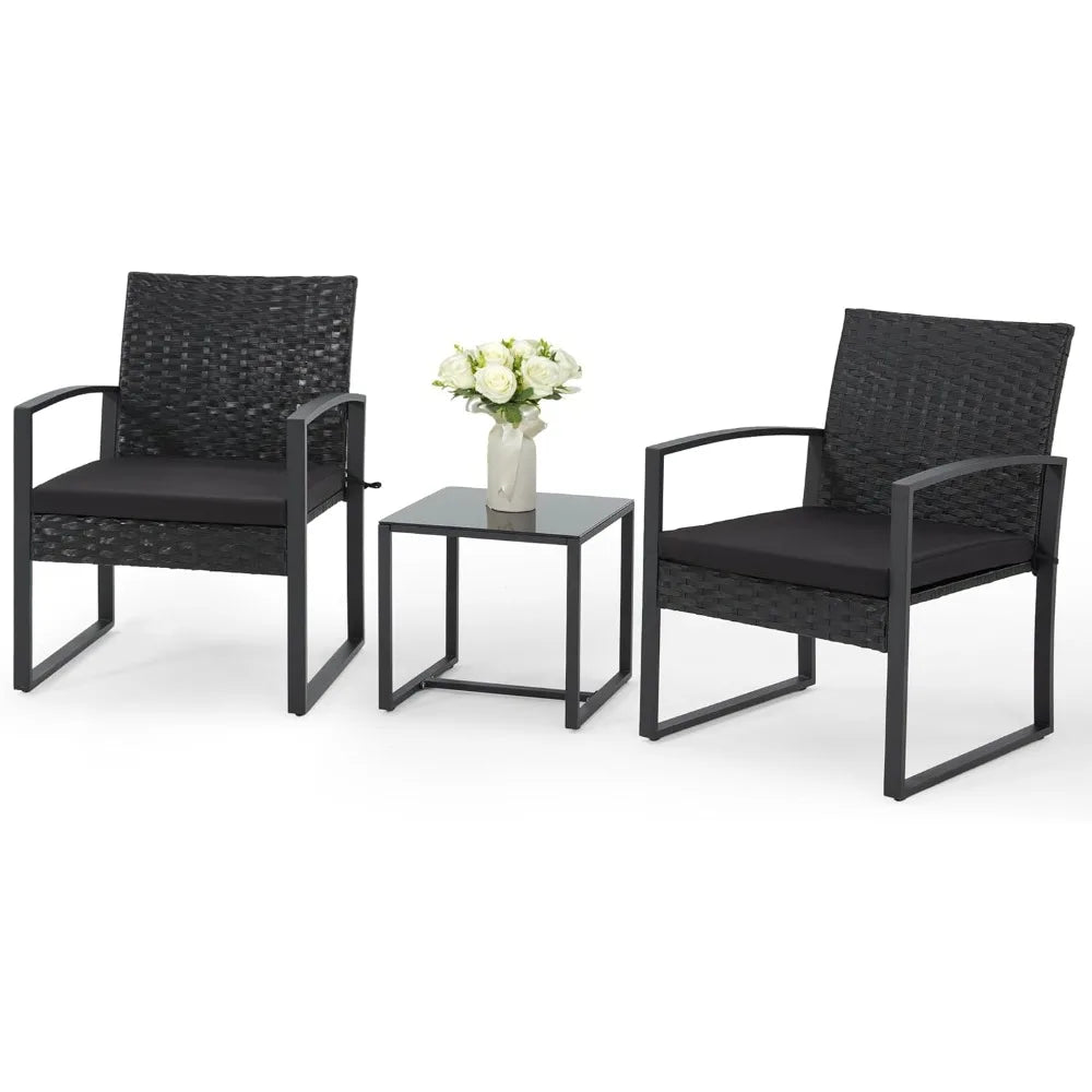 Outdoor Rattan Bistro Set 3 Pieces Patio Furniture with Coffee Table Steel Frame and Strapped Cushions for Garden Balcony