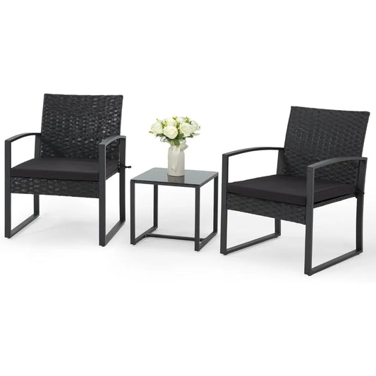 Outdoor Rattan Bistro Set 3 Pieces Patio Furniture with Coffee Table Steel Frame and Strapped Cushions for Garden Balcony