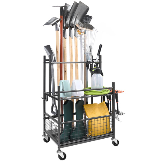 SucceBuy 16 Slots Garden Tool Organizer Yard Tool Tower Rack with Hooks Wheels Long-Handled Rake Stand Holder for Garage Storage