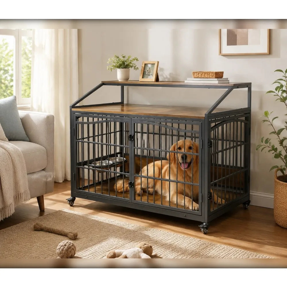Wooden Dog Crate Furniture End Table With Stainless Steel Bowls