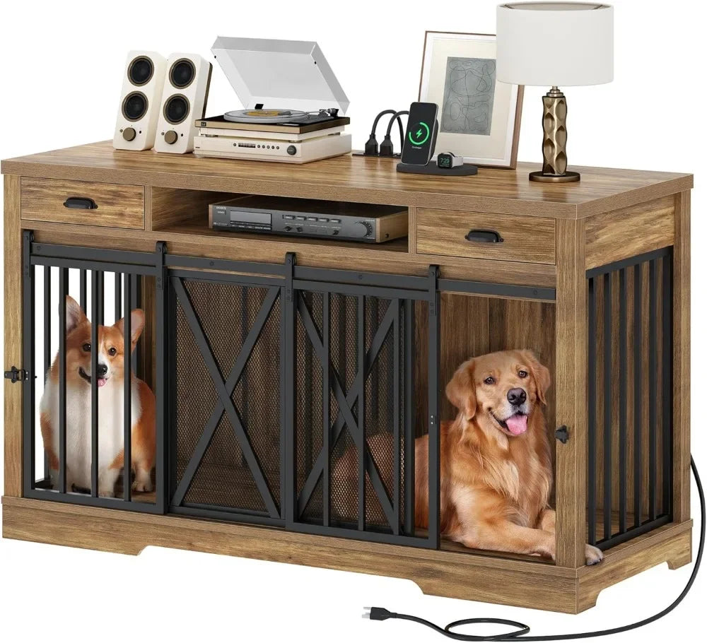63 Inch Double Dog Crate Furniture with Charging Station, Wooden TV Stand Kennel for 2 Dogs, Sliding Barn Door