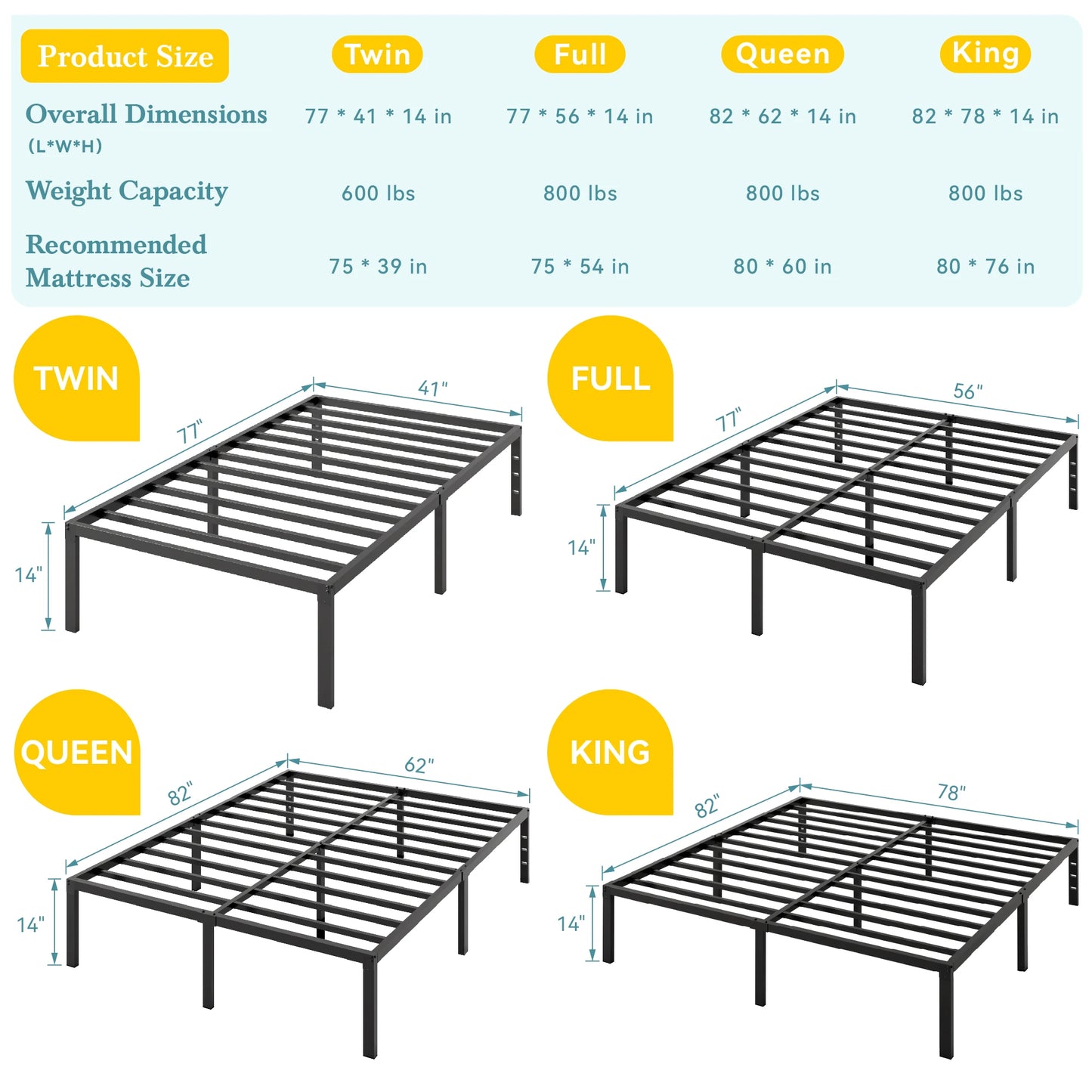 HOOMIC Sturdy Metal Bed Frame Under Bed Storage Easy Assembly