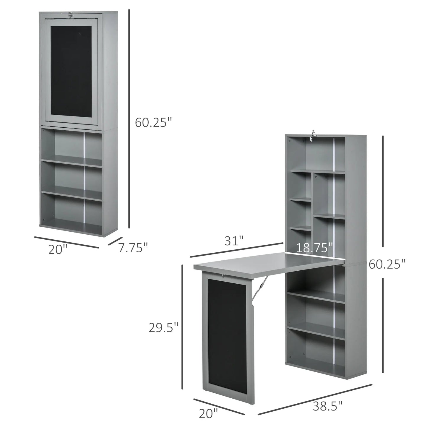 Homcom Fold-Out Convertible Office Desk, Wall Mount Computer Desk with Blackboard and Side Shelf, Charcoal Gray