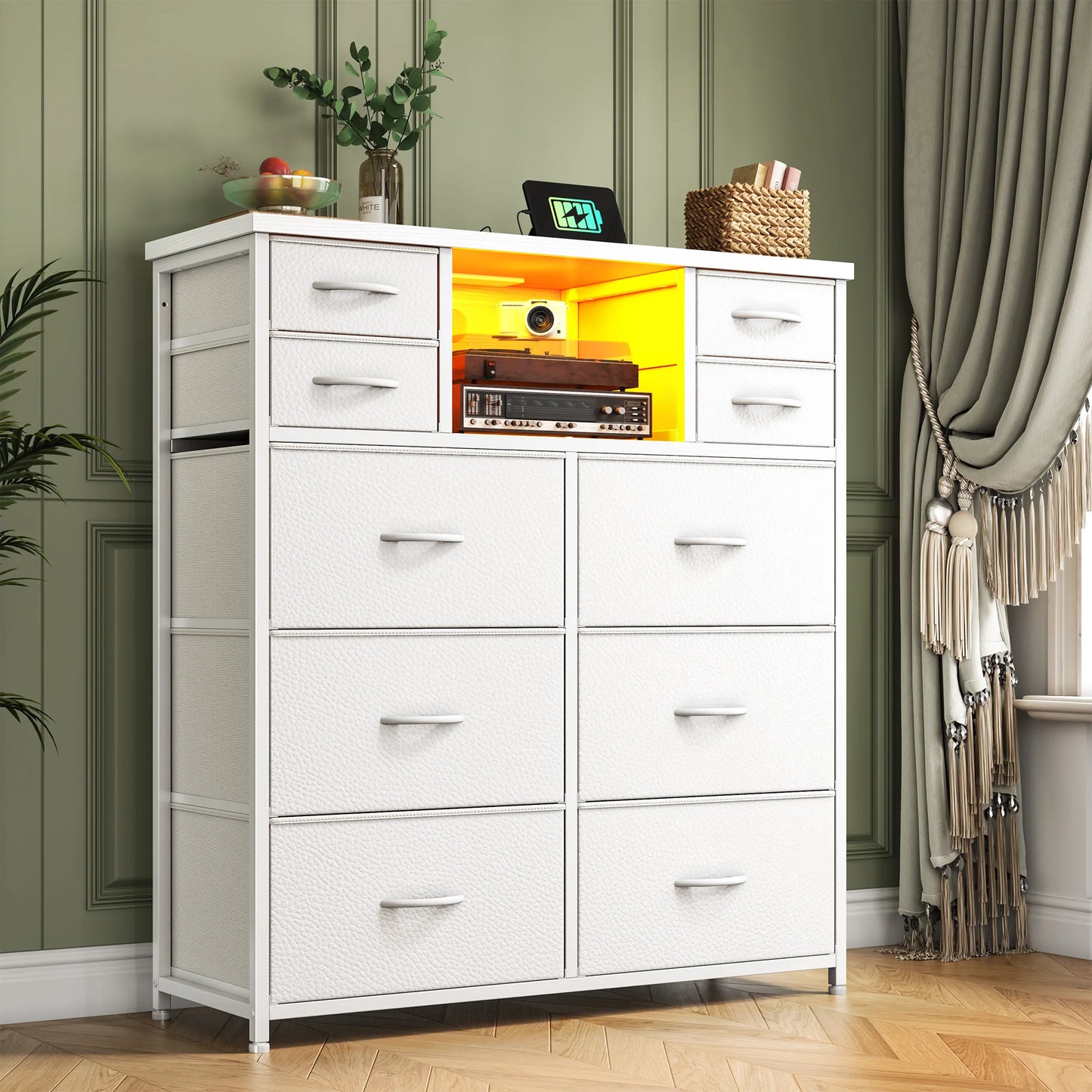 Ten Drawer Fabric Storage Chest With LED Charging Station