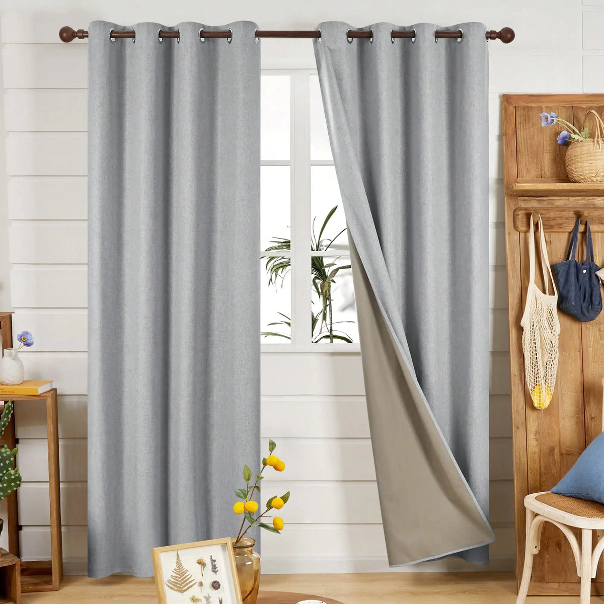 2 Pcs Full Blackout Curtains Faux Linen For Bedroom & Living Room - 100% Light Blocking Thermal Insulated Room Darkening, Noise Reducing, Modern Contemporary Style, 52 Inch Wide