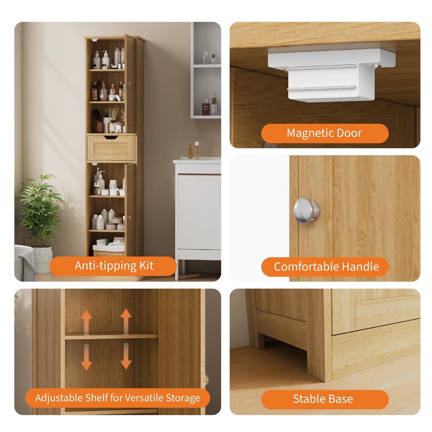 Space-Saving Slim Bathroom Storage Cabinet – Vertical Organizer Rack, Robust Particle Board, Appropriate for Basin Area, Compact Solution, Rustic Style