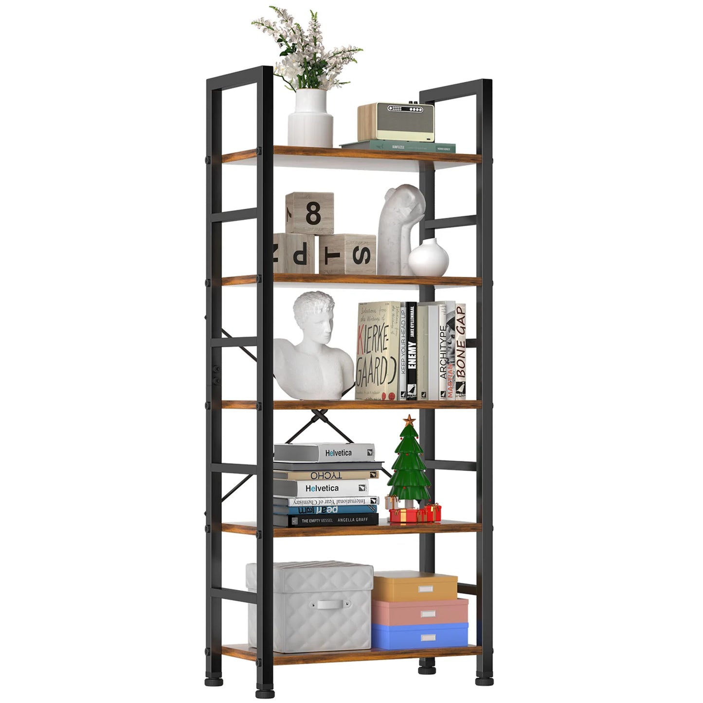 MCQ Wooden Storage Standing 5 Tiers Display Bookshelf Sturdy Structure Graduated Shelves Adjustable Feet for Living Room
