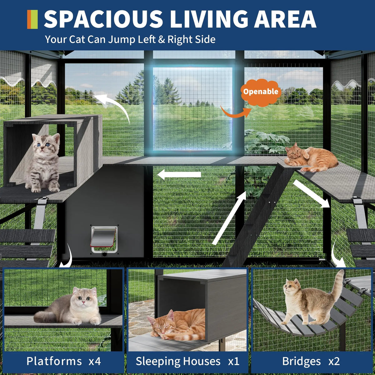 Extra Large Aluminum Outdoor Catio Enclosure For Multiple Cats Walk-in Cat Run With UV-Proof Cover Platforms & Adjustable Doors
