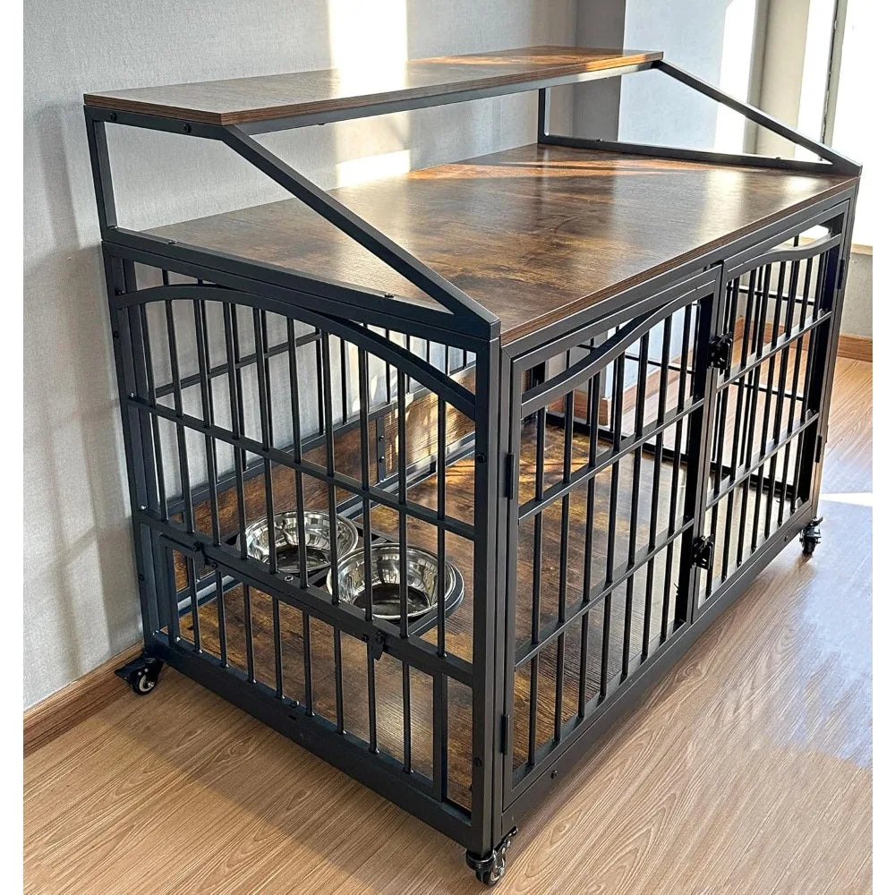 Wooden Dog Crate Furniture End Table With Stainless Steel Bowls